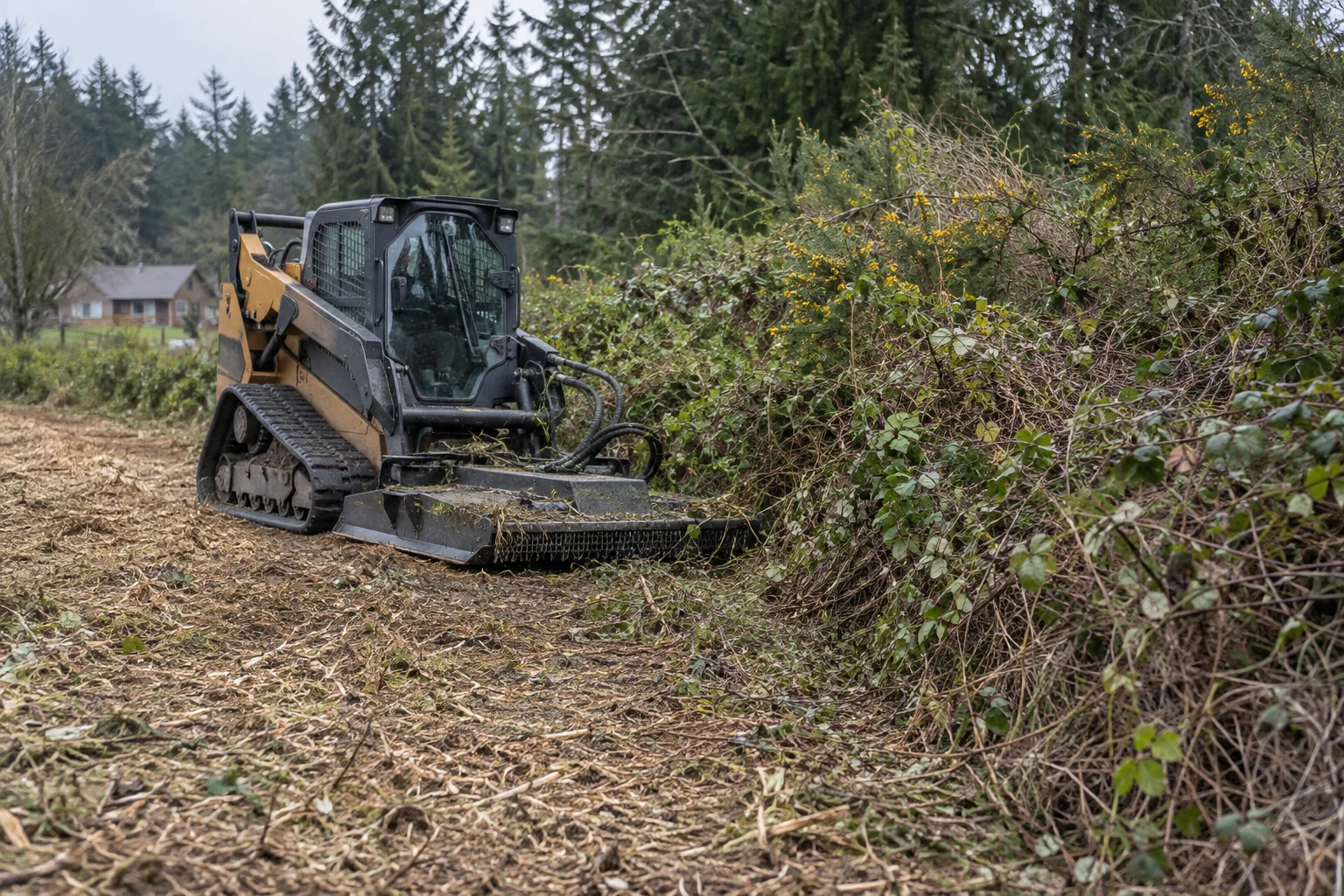 A tracked brush mower opening a path through overgrown vegetation.