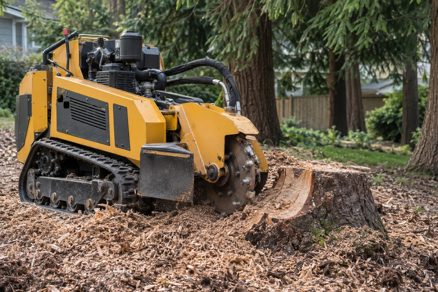 A stump grinder beside a partly ground stump and wood chips.